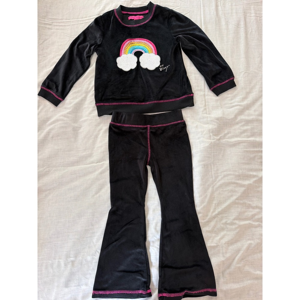 Betsey Johnson Girls Black Velour Rainbow‎ Sequin Tracksuit Set Flare Pants Sz 5